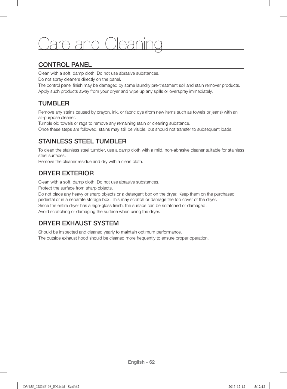 Care and cleaning, Control panel, Tumbler | Stainless steel tumbler, Dryer exterior, Dryer exhaust system | Samsung DV455GVGSWR-AA User Manual | Page 62 / 276