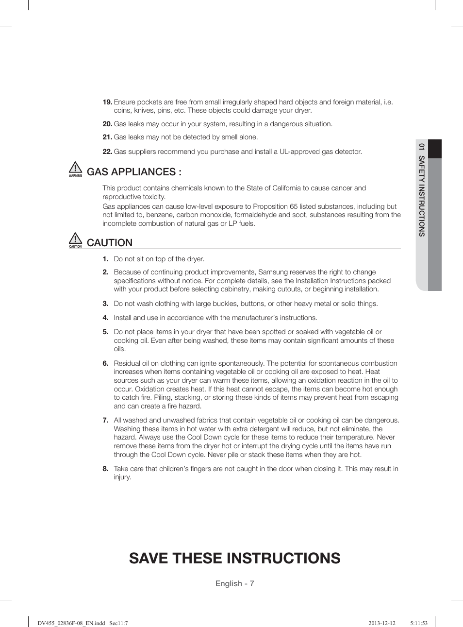 Save these instructions, Gas appliances, Caution | Samsung DV455GVGSWR-AA User Manual | Page 7 / 276