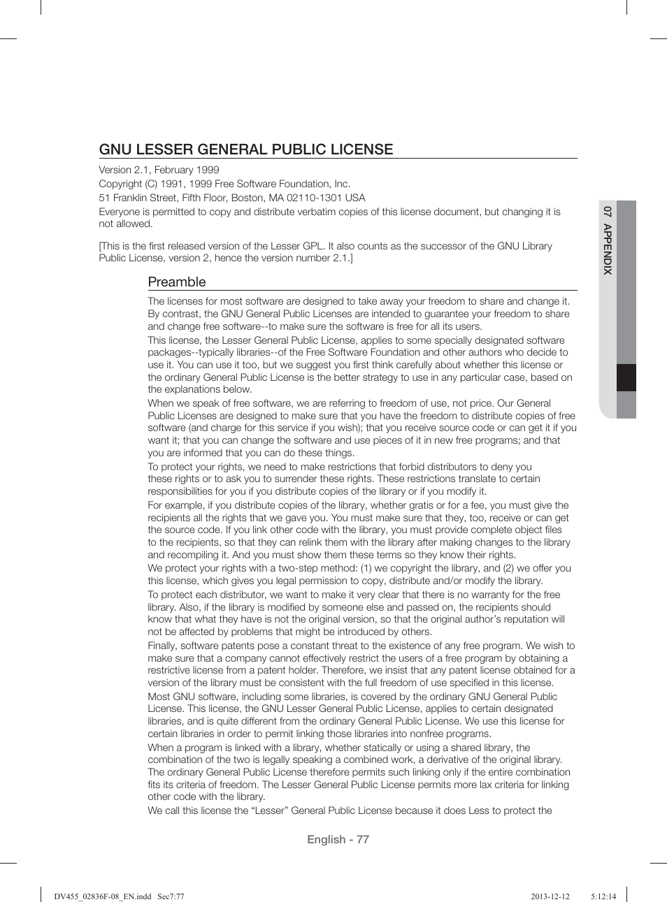 Gnu lesser general public license, Preamble | Samsung DV455GVGSWR-AA User Manual | Page 77 / 276