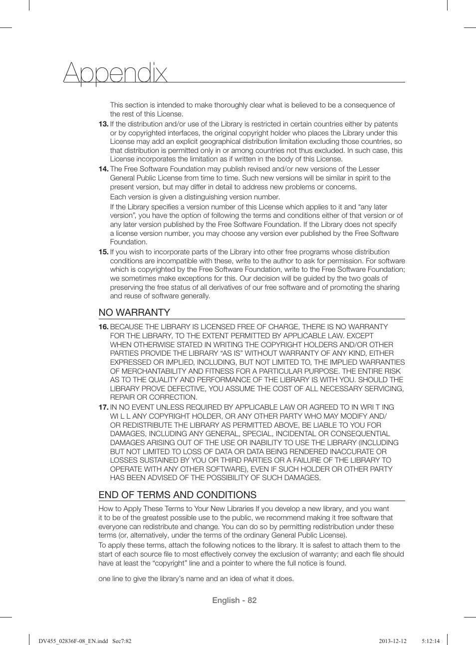 Appendix, No warranty, End of terms and conditions | Samsung DV455GVGSWR-AA User Manual | Page 82 / 276
