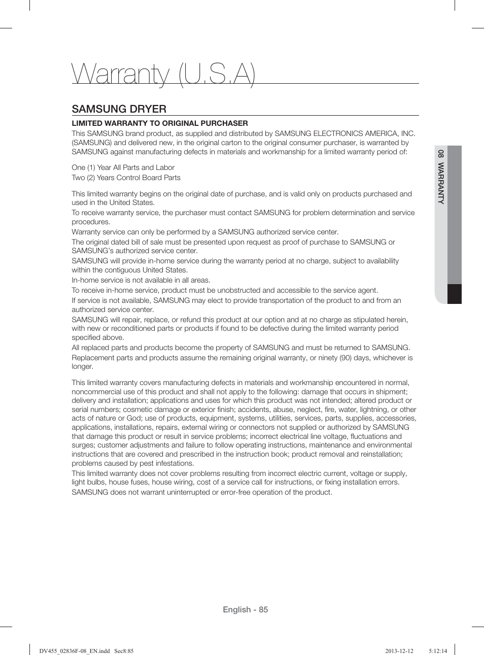 Warranty (u.s.a), Samsung dryer | Samsung DV455GVGSWR-AA User Manual | Page 85 / 276