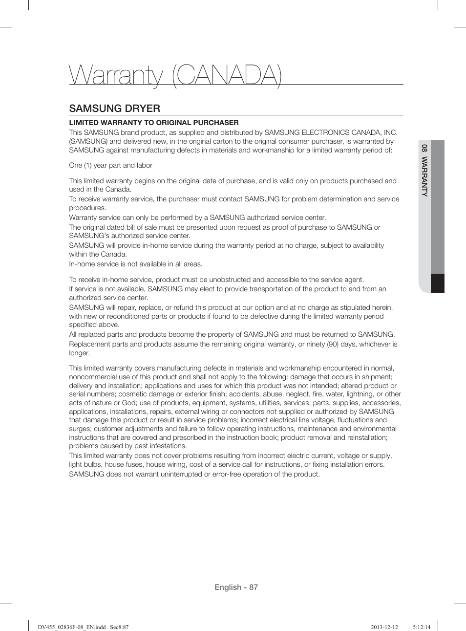 Warranty (canada), Samsung dryer | Samsung DV455GVGSWR-AA User Manual | Page 87 / 276