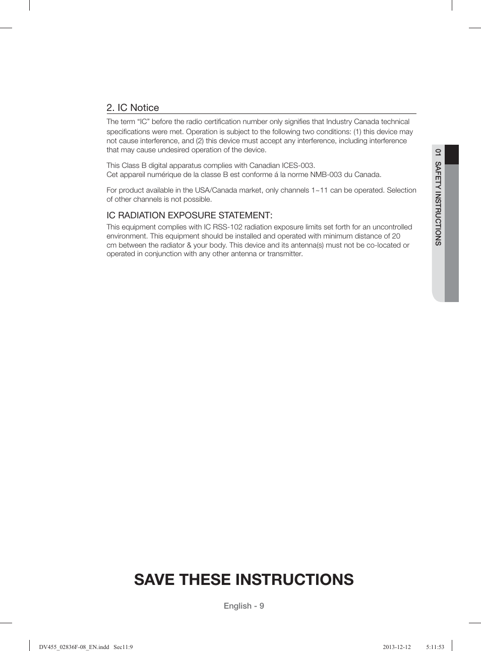 Save these instructions, Ic notice | Samsung DV455GVGSWR-AA User Manual | Page 9 / 276