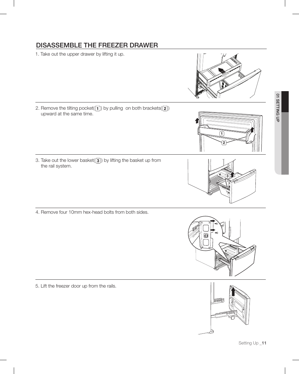 Disassemble the frezer drawer, Disassemble the freezer drawer | Samsung RFG299AARS-XAA User Manual | Page 11 / 58