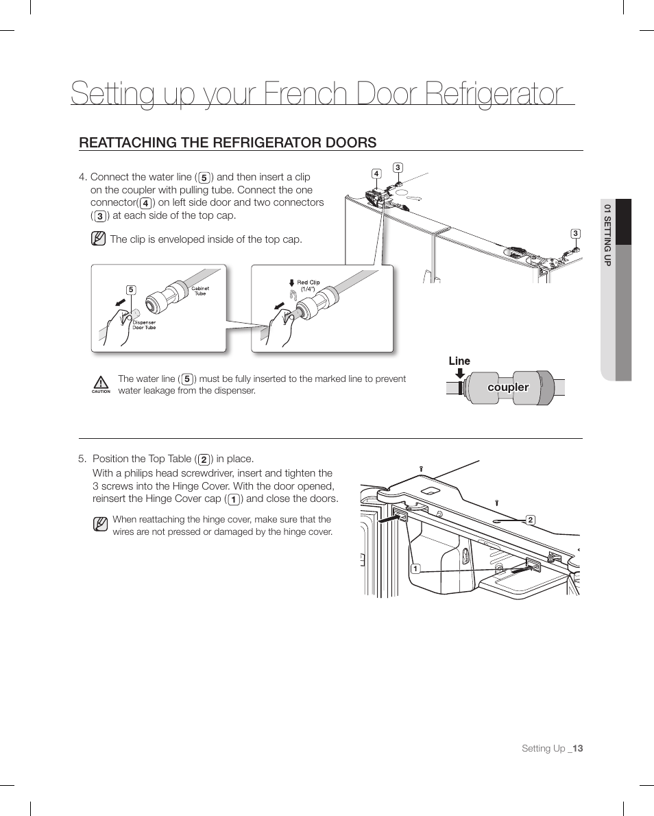 Reattaching the refrigerator doors, Setting up your french door refrigerator | Samsung RFG299AARS-XAA User Manual | Page 13 / 58