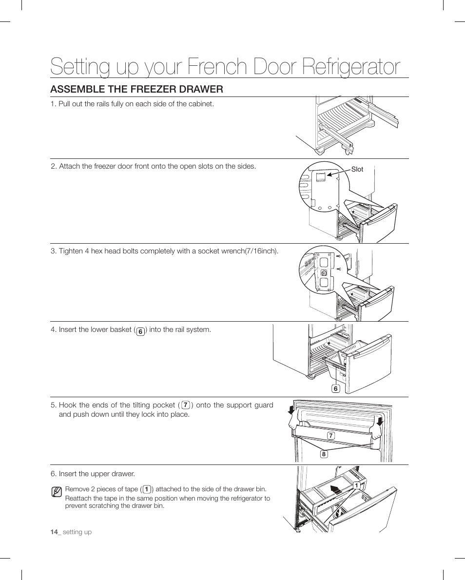 Assemble the frezer drawer, Setting up your french door refrigerator, Assemble the freezer drawer | Samsung RFG299AARS-XAA User Manual | Page 14 / 58