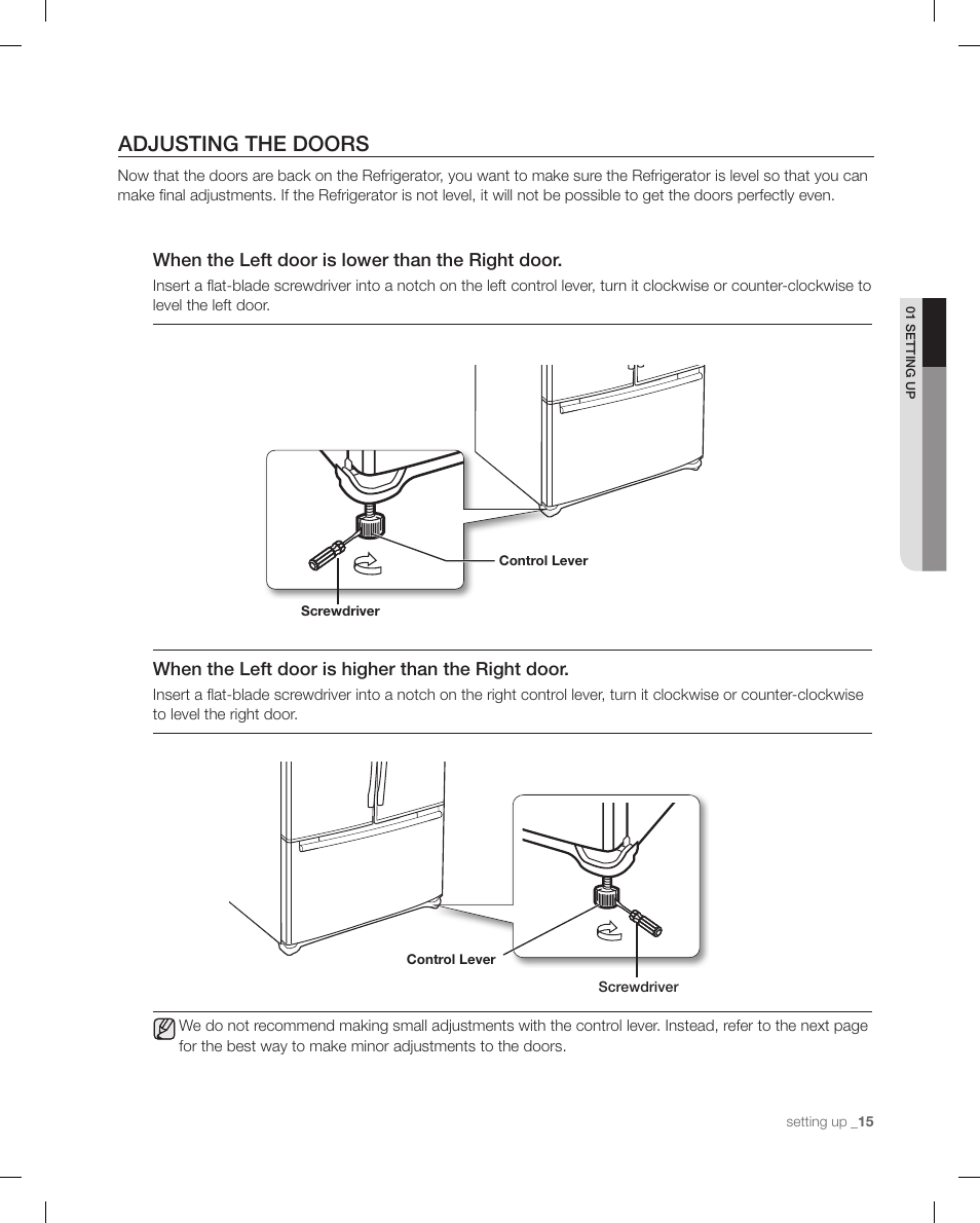 Adjusting the doors, When the left door is lower than the right door, When the left door is higher than the right door | Samsung RFG299AARS-XAA User Manual | Page 15 / 58