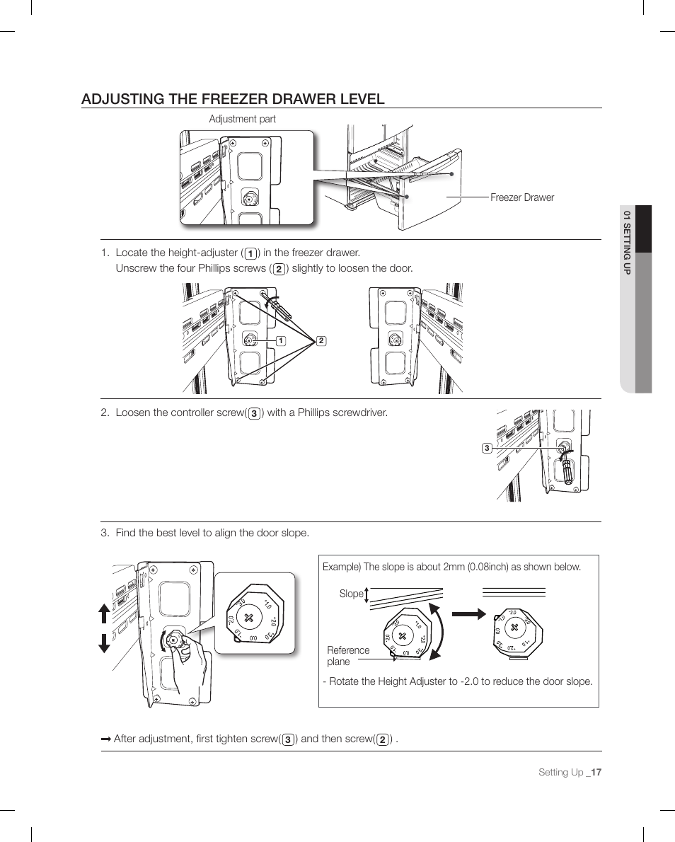 Adjusting the freezer draw er level, Adjusting the freezer drawer level | Samsung RFG299AARS-XAA User Manual | Page 17 / 58