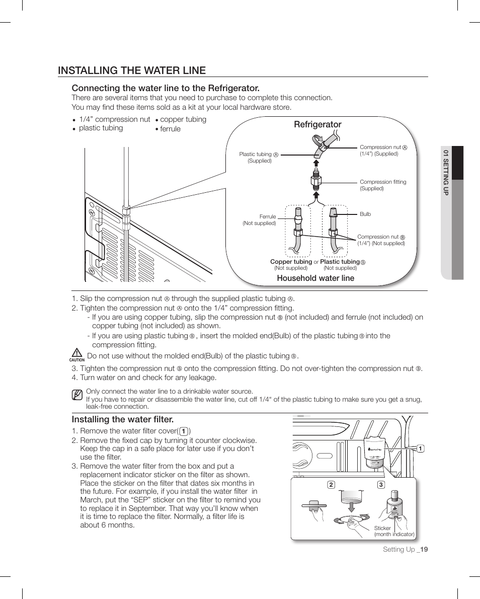 Insta lling the wat er line, Installing the water line, Connecting the water line to the refrigerator | Installing the water filter, Refrigerator | Samsung RFG299AARS-XAA User Manual | Page 19 / 58