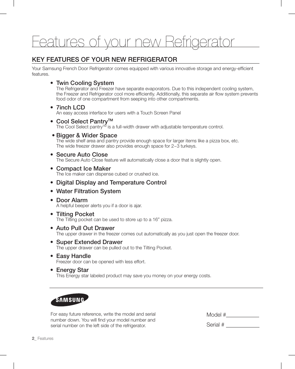 Features of your new refrigerator, Key features of your new refrigerator | Samsung RFG299AARS-XAA User Manual | Page 2 / 58