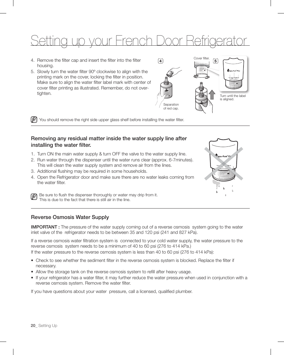 Setting up your french door refrigerator | Samsung RFG299AARS-XAA User Manual | Page 20 / 58