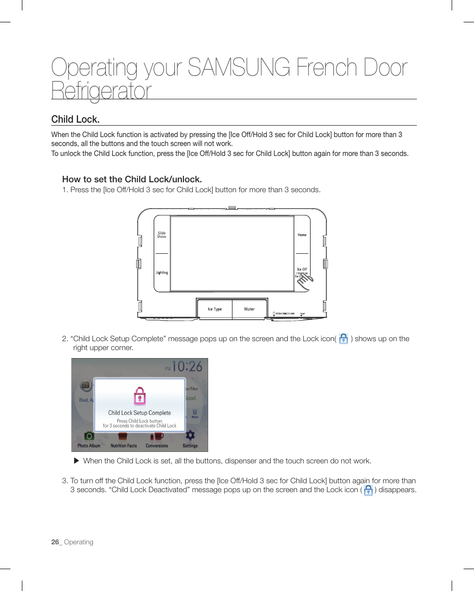 Child lock, Operating your samsung french door refrigerator | Samsung RFG299AARS-XAA User Manual | Page 26 / 58
