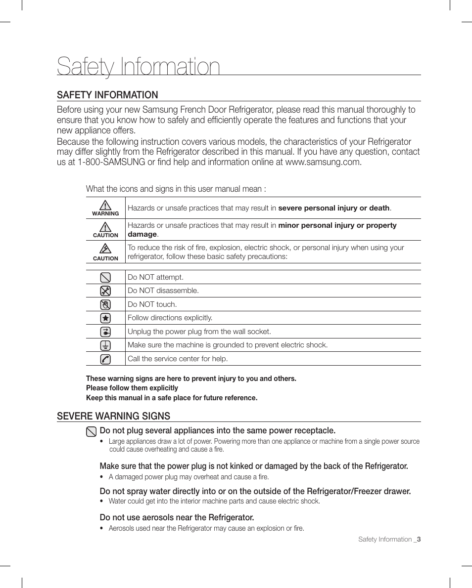 Safety information, Severe wa rning signs | Samsung RFG299AARS-XAA User Manual | Page 3 / 58