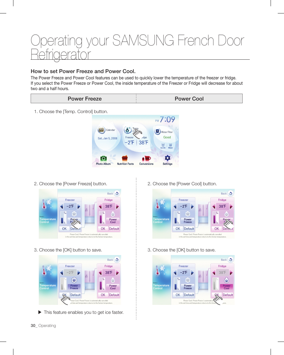 Operating your samsung french door refrigerator | Samsung RFG299AARS-XAA User Manual | Page 30 / 58