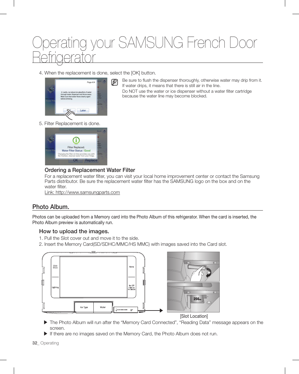 Photo album, Operating your samsung french door refrigerator | Samsung RFG299AARS-XAA User Manual | Page 32 / 58