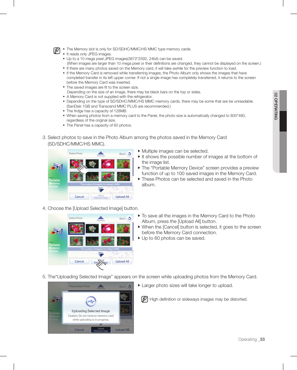 Multiple images can be selected, Larger photo sizes will take longer to upload | Samsung RFG299AARS-XAA User Manual | Page 33 / 58