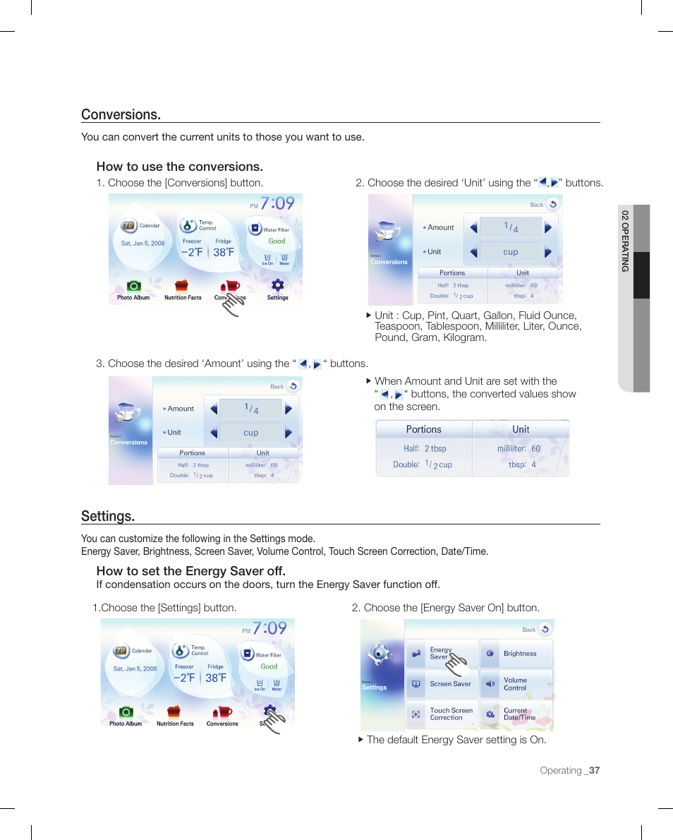 Conversions, Settings, How to set the energy saver off | How to use the conversions | Samsung RFG299AARS-XAA User Manual | Page 37 / 58
