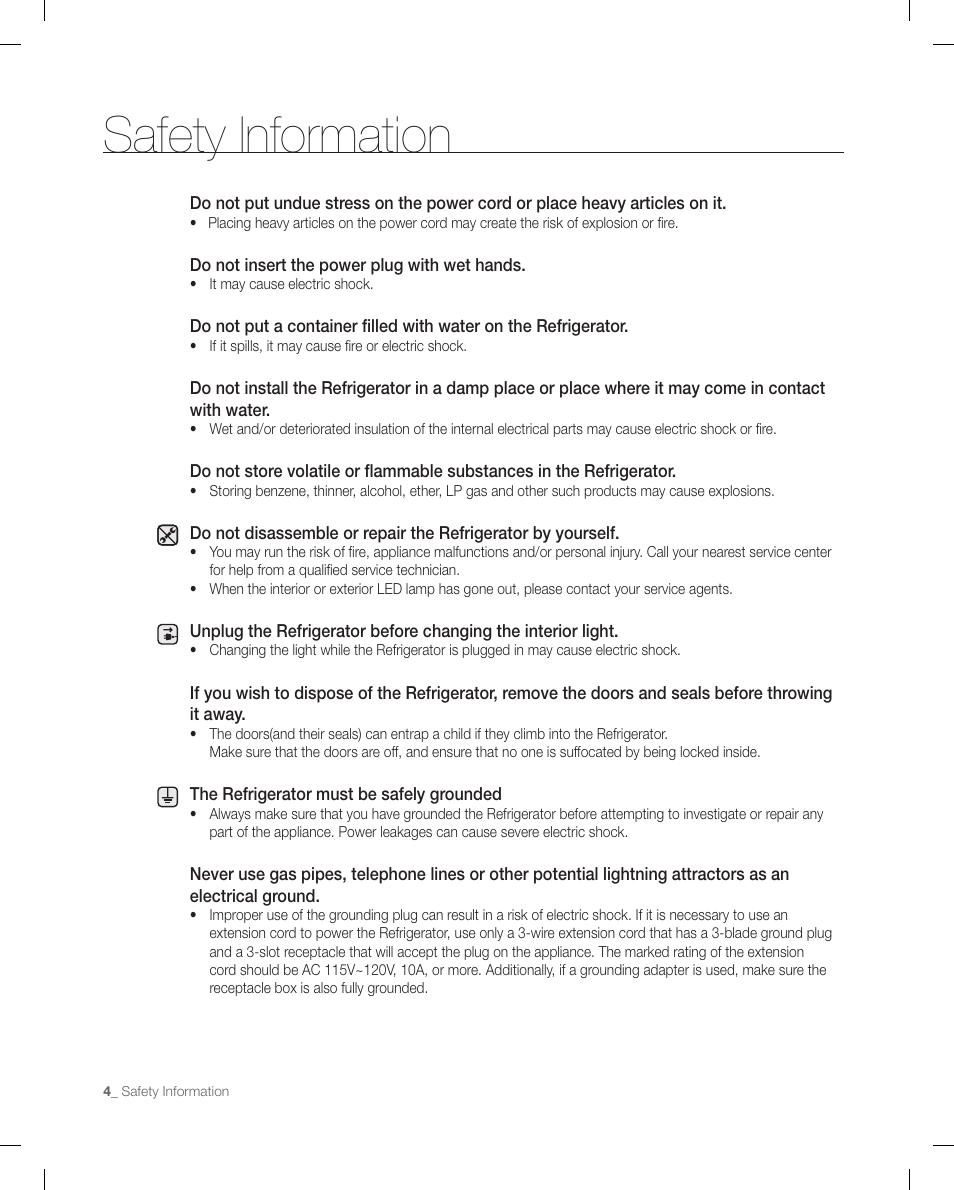 Safety information | Samsung RFG299AARS-XAA User Manual | Page 4 / 58