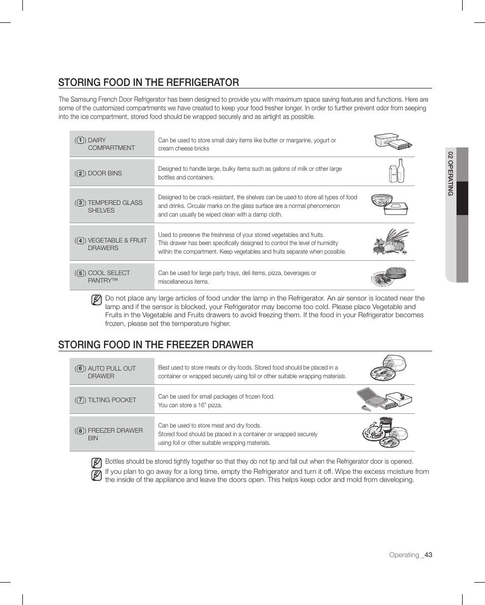 Storing food in the refrigerator, Storing food in the frezer drawer, Storing food in the freezer drawer | Samsung RFG299AARS-XAA User Manual | Page 43 / 58