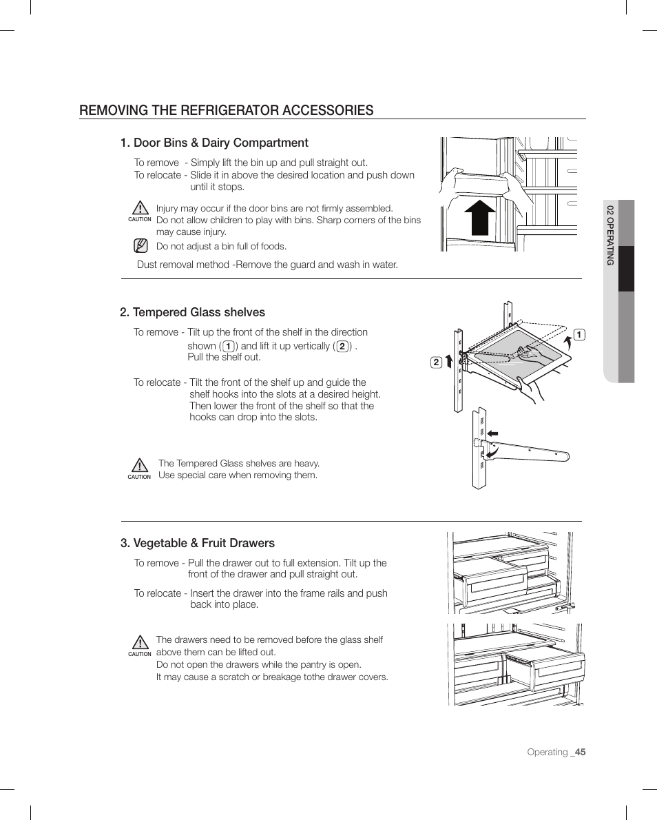 Removing the refrigerato r accessories, Removing the refrigerator accessories, Tempered glass shelves | Door bins & dairy compartment, Vegetable & fruit drawers | Samsung RFG299AARS-XAA User Manual | Page 45 / 58