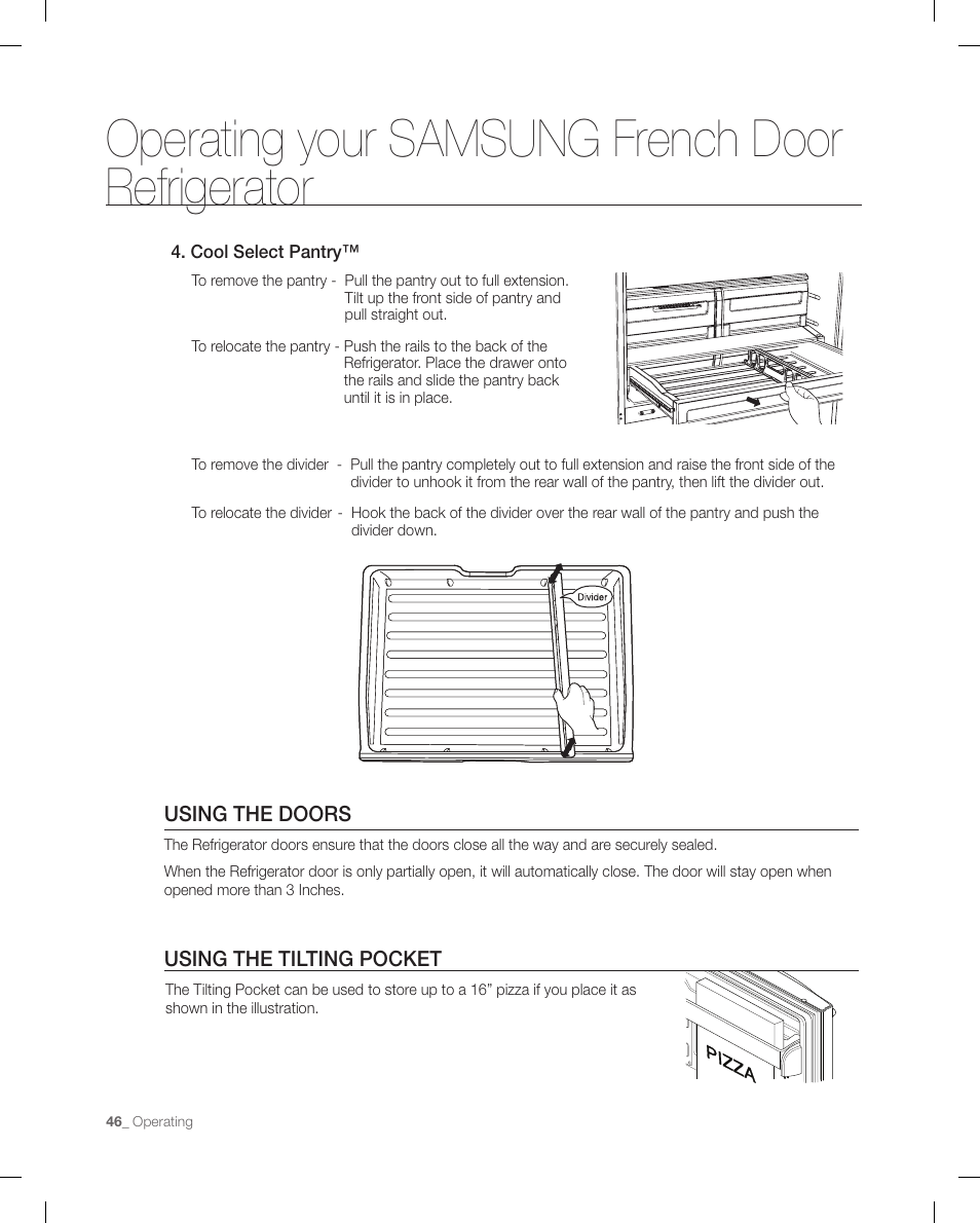 Using the doors, Using the tilting pocket, Operating your samsung french door refrigerator | Samsung RFG299AARS-XAA User Manual | Page 46 / 58