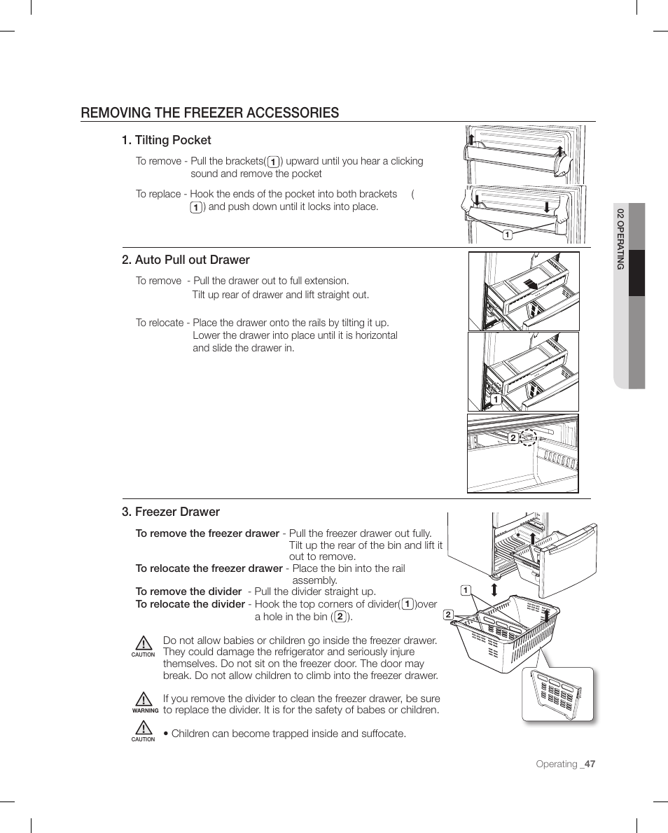 Removing the freezer accessories, Tilting pocket, Auto pull out drawer | Freezer drawer | Samsung RFG299AARS-XAA User Manual | Page 47 / 58