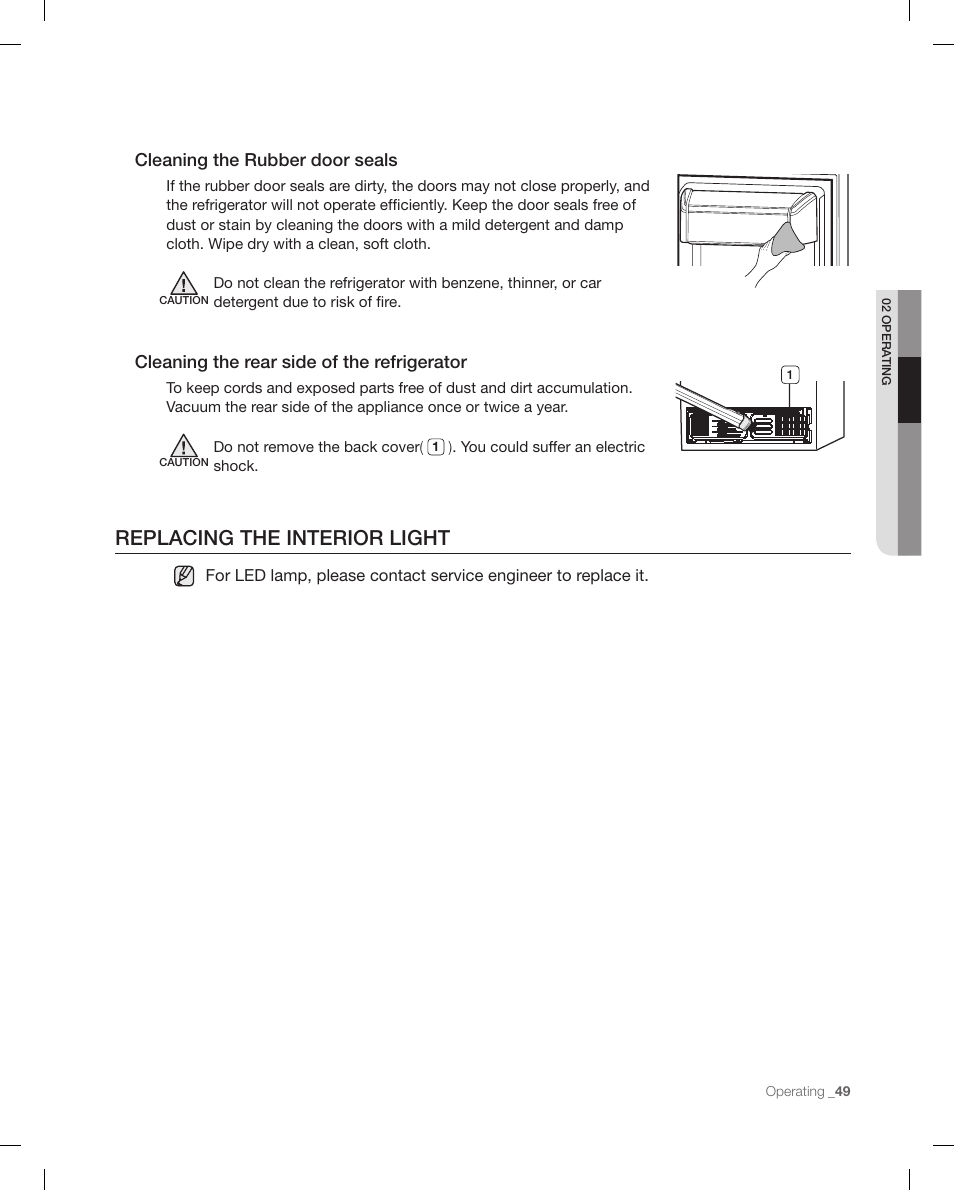 Replacing the interior light, Cleaning the rubber door seals, Cleaning the rear side of the refrigerator | Samsung RFG299AARS-XAA User Manual | Page 49 / 58