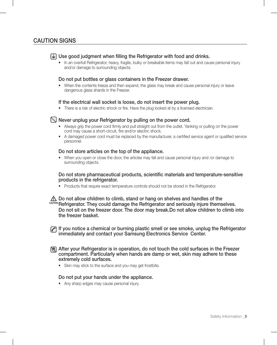 Caution signs | Samsung RFG299AARS-XAA User Manual | Page 5 / 58