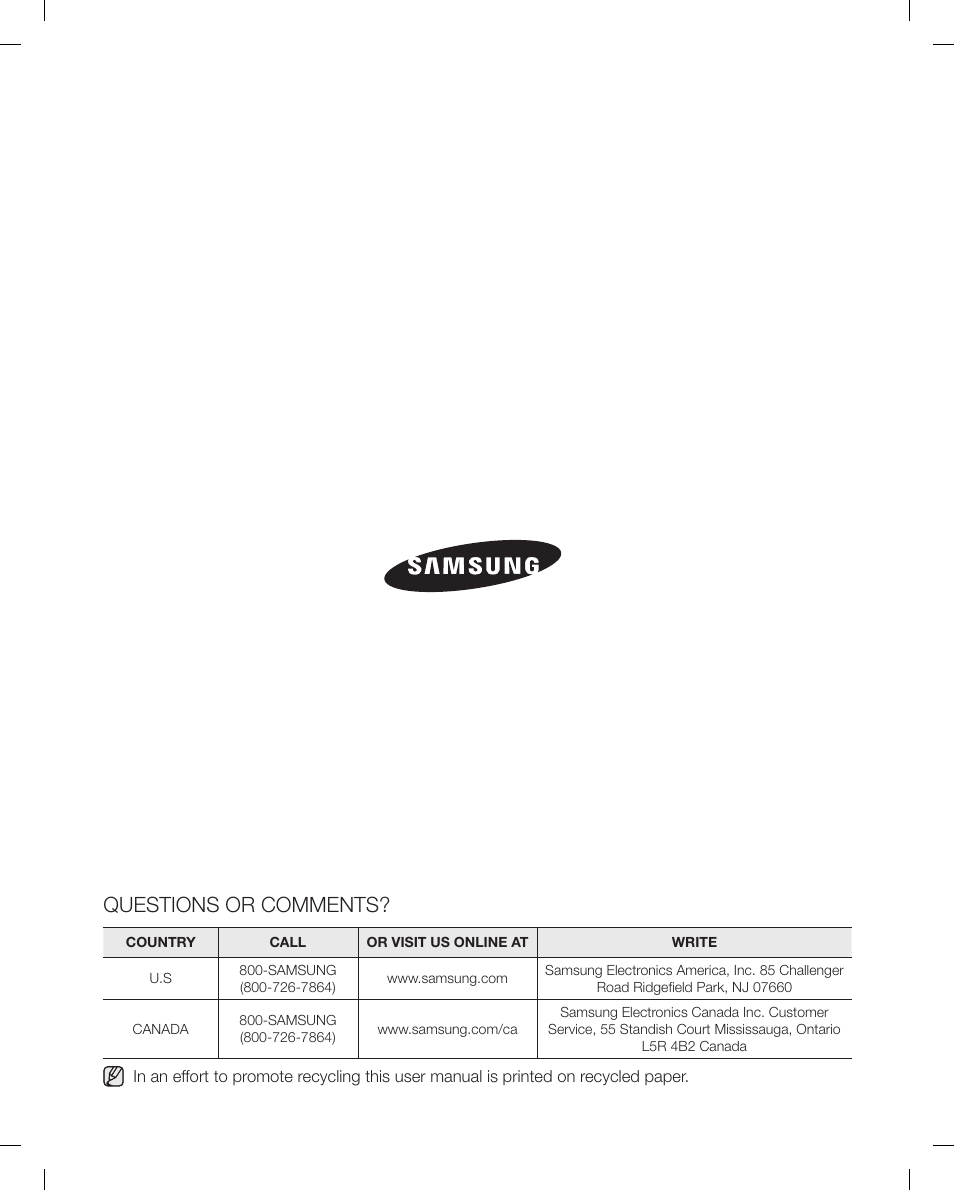 Questions or comments | Samsung RFG299AARS-XAA User Manual | Page 58 / 58