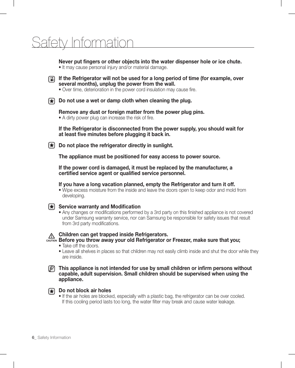 Safety information | Samsung RFG299AARS-XAA User Manual | Page 6 / 58