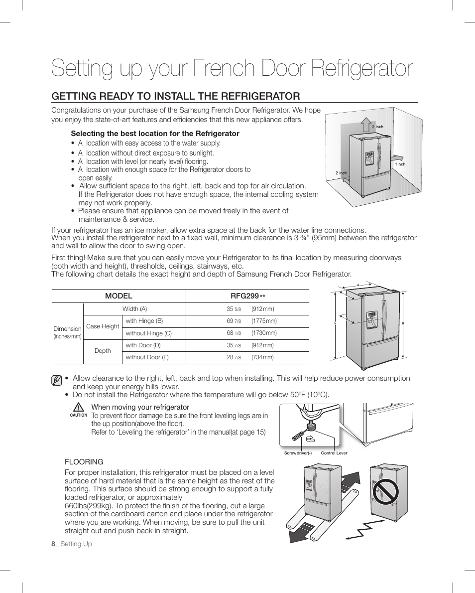 Setting up your french door refrigerator, Getting ready to install the refrigerator | Samsung RFG299AARS-XAA User Manual | Page 8 / 58