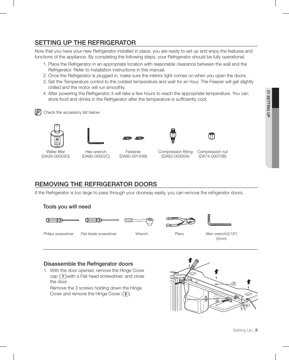 Setting up the refrigerator, Removing the refrigerator doors, Disassemble the refrigerator doors | Tools you will need | Samsung RFG299AARS-XAA User Manual | Page 9 / 58