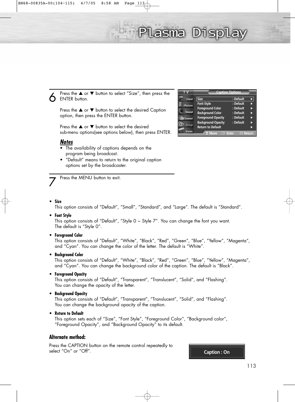 Menu transparency level, Alternate method | Samsung HPR4252X-XAC User Manual | Page 113 / 146