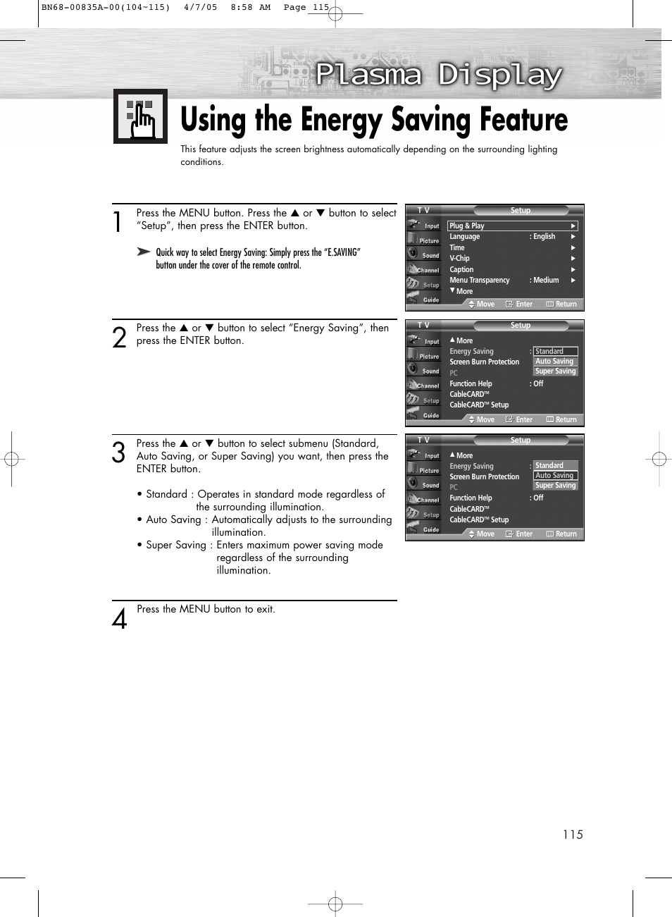 Using the energy saving feature | Samsung HPR4252X-XAC User Manual | Page 115 / 146