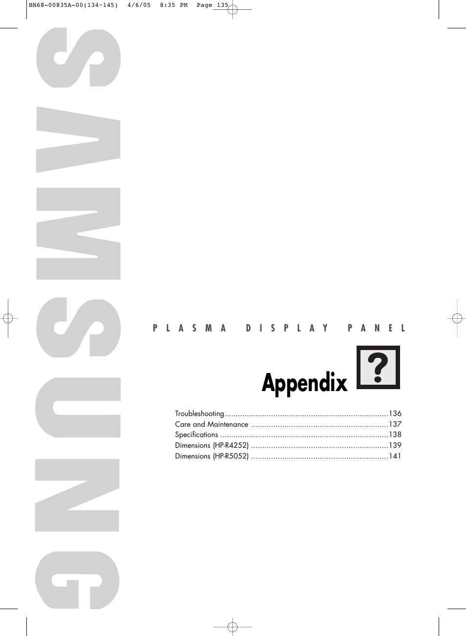 Appendix, Troubleshooting | Samsung HPR4252X-XAC User Manual | Page 135 / 146