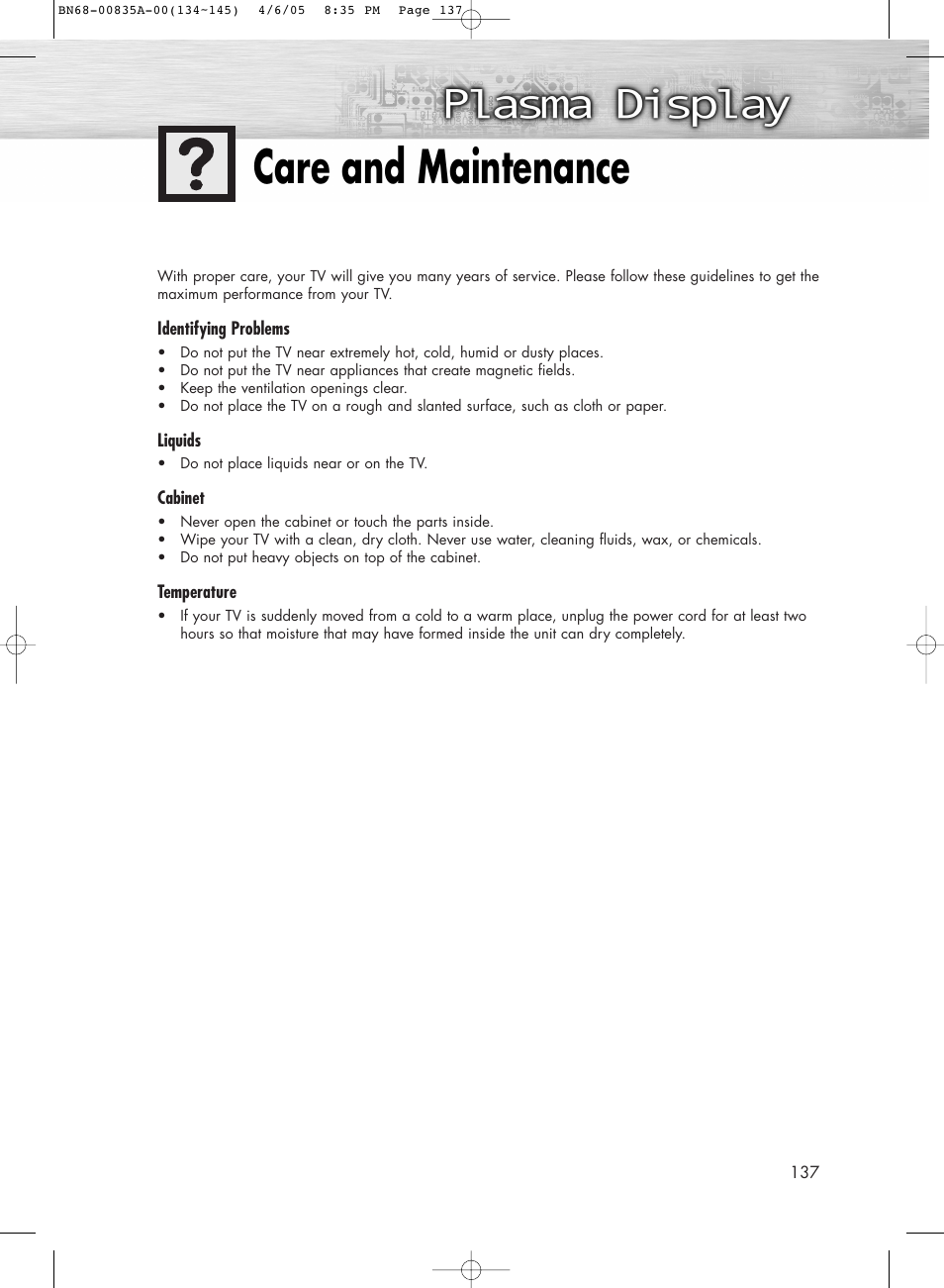 Care and maintenance | Samsung HPR4252X-XAC User Manual | Page 137 / 146