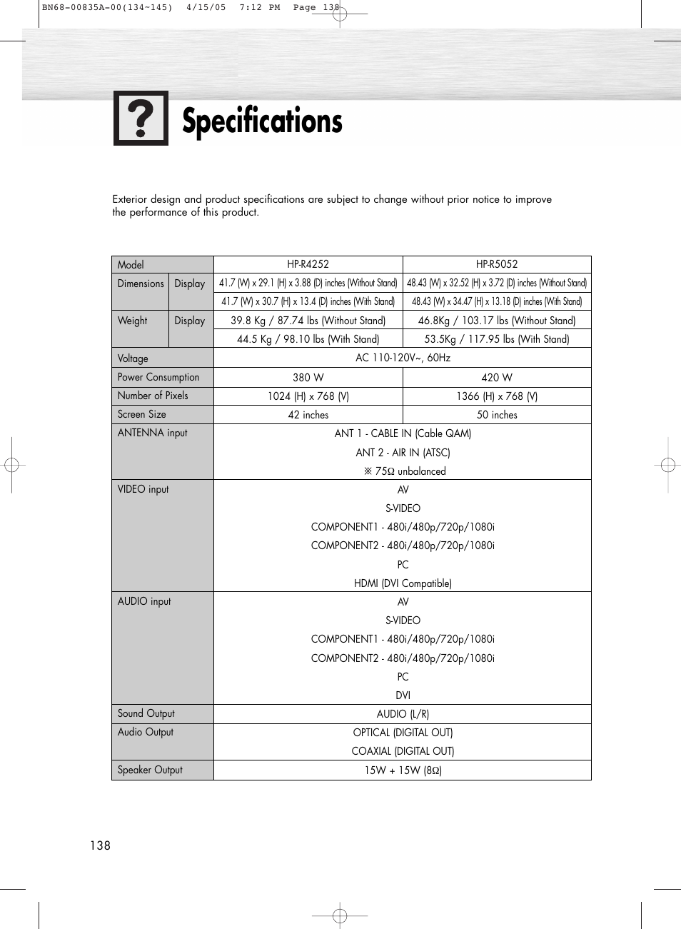 Specifications | Samsung HPR4252X-XAC User Manual | Page 138 / 146