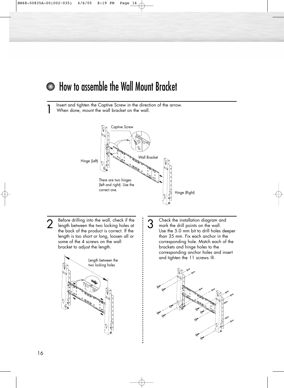 How to assemble the wall mount bracket | Samsung HPR4252X-XAC User Manual | Page 16 / 146