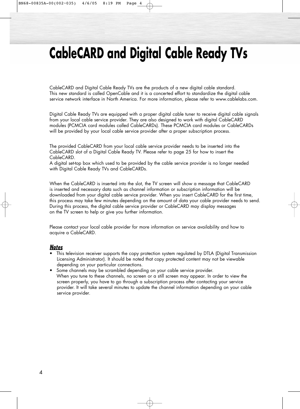 Cablecard and digital cable ready tvs | Samsung HPR4252X-XAC User Manual | Page 4 / 146