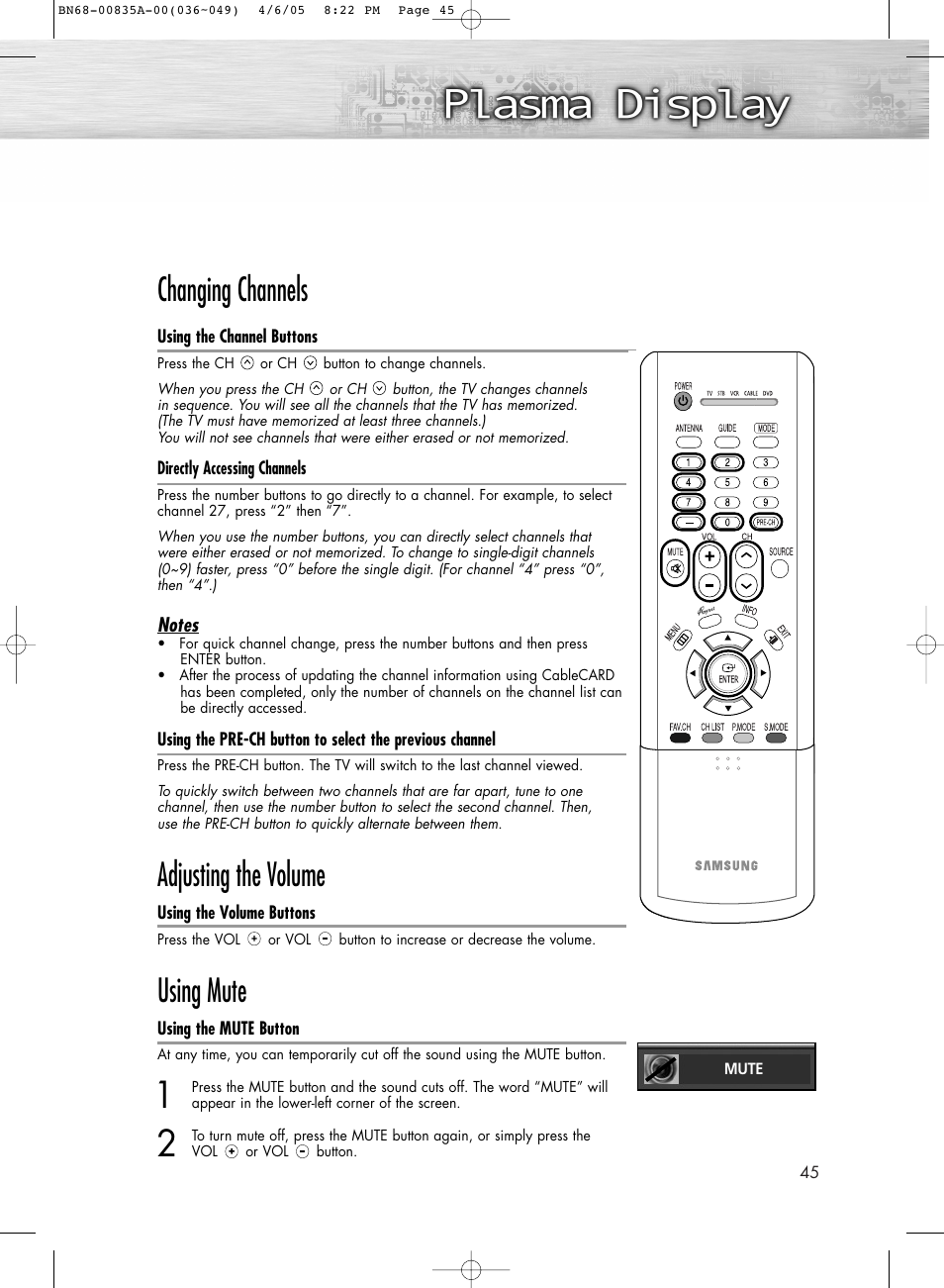 Changing channels, Adjusting the volume, Using mute | Samsung HPR4252X-XAC User Manual | Page 45 / 146