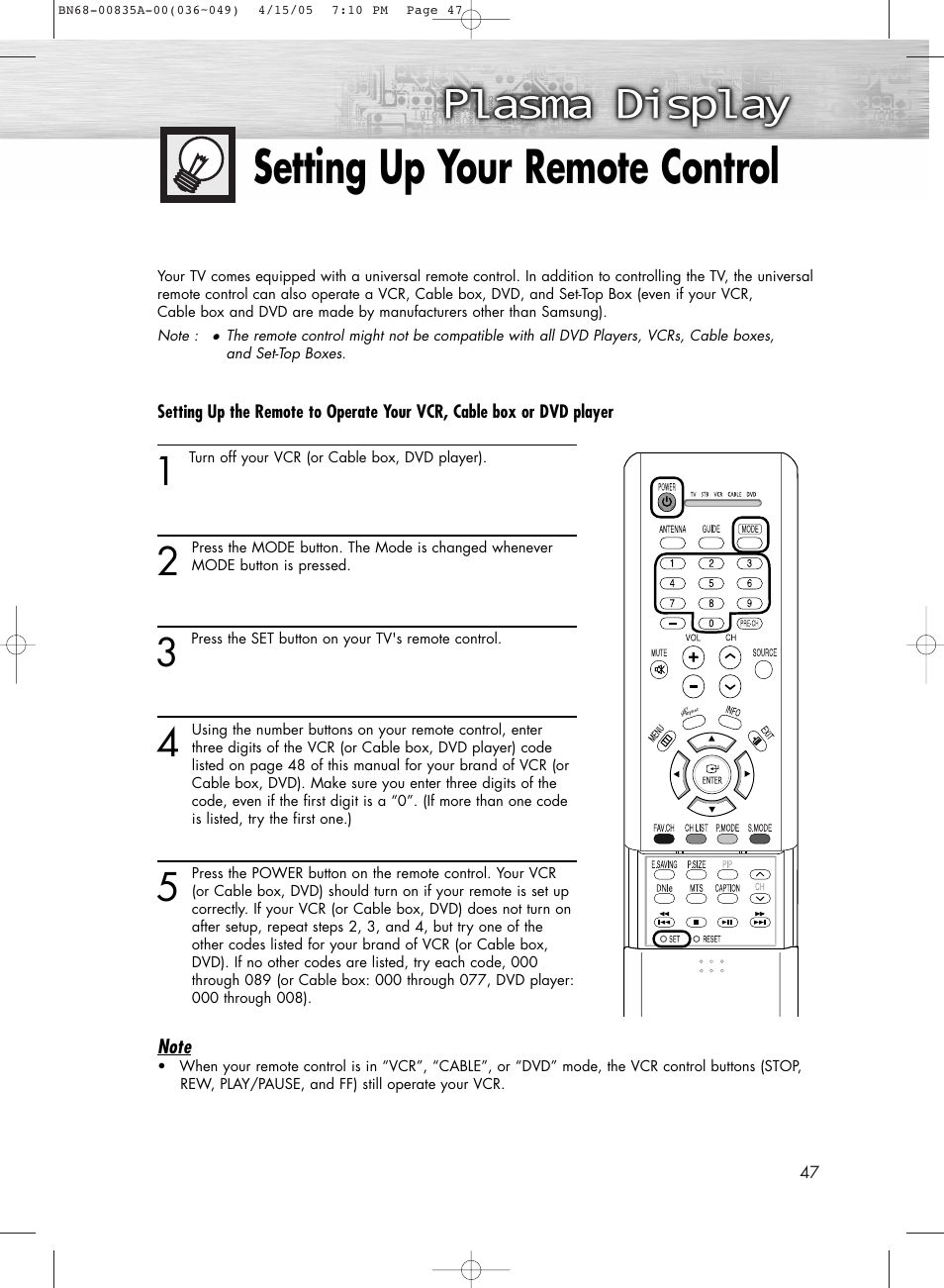 Setting up your remote control | Samsung HPR4252X-XAC User Manual | Page 47 / 146