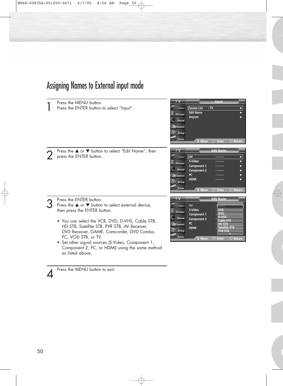 Assigning names to external input mode | Samsung HPR4252X-XAC User Manual | Page 50 / 146