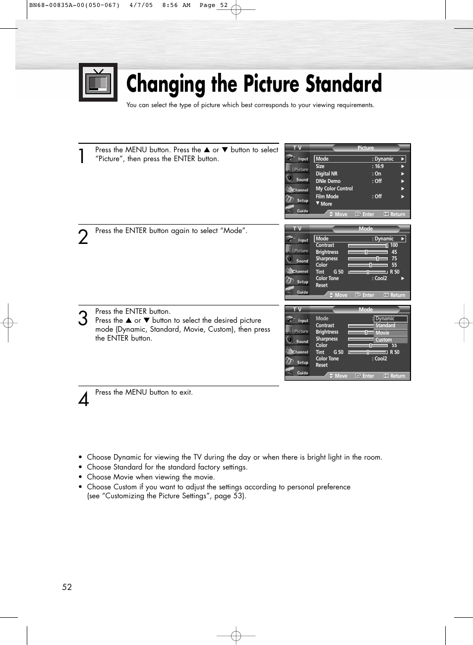 Customizing the picture settings, Changing the picture standard | Samsung HPR4252X-XAC User Manual | Page 52 / 146