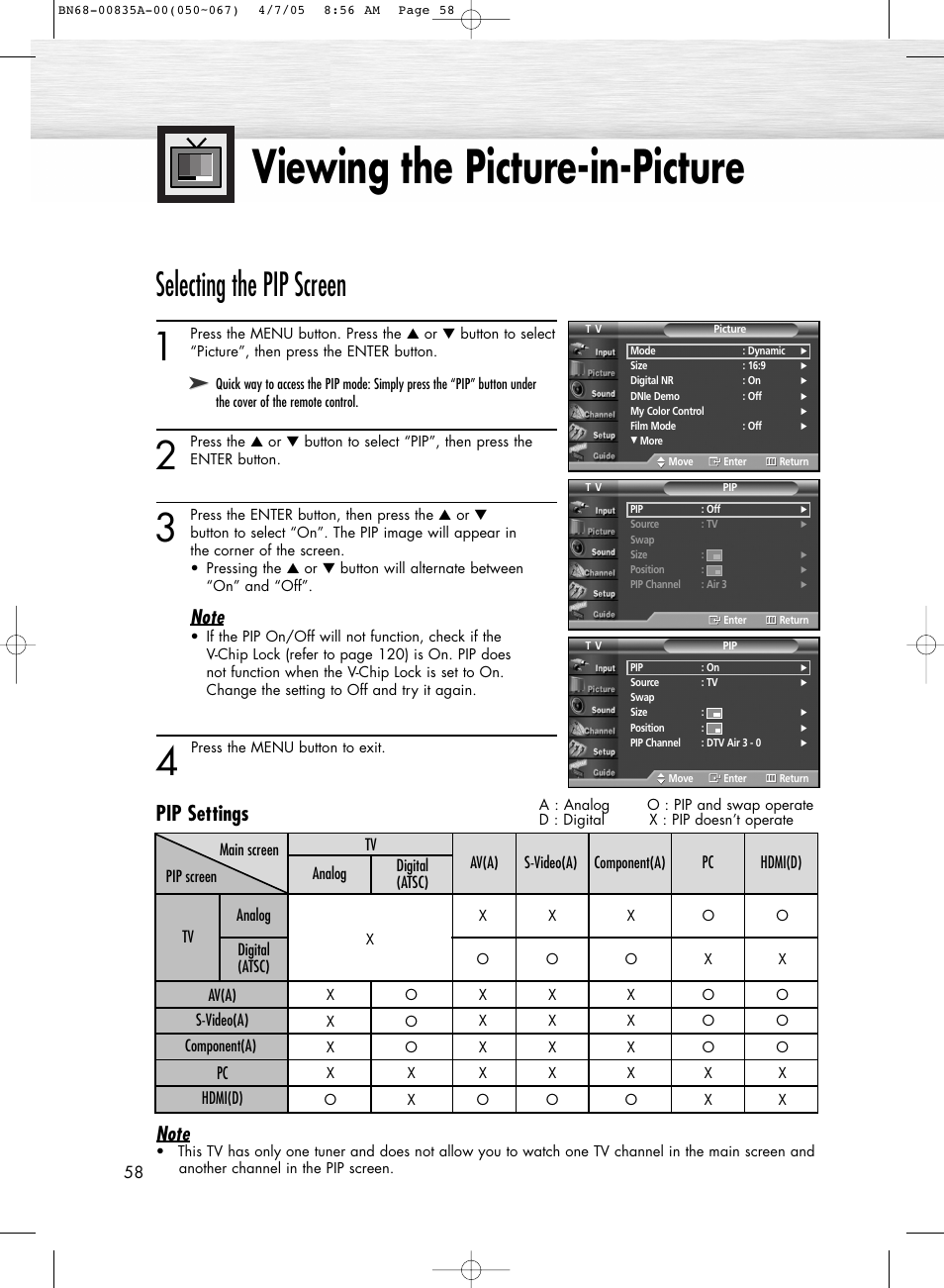 Viewing the picture-in-picture, Selecting the pip screen, Pip settings | Samsung HPR4252X-XAC User Manual | Page 58 / 146