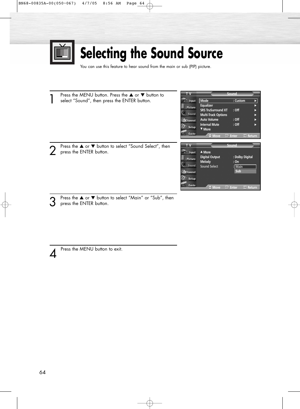 Setting the my color control mode, Selecting the sound source | Samsung HPR4252X-XAC User Manual | Page 64 / 146