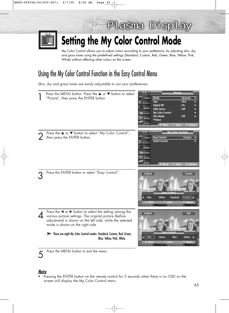 Setting the my color control mode | Samsung HPR4252X-XAC User Manual | Page 65 / 146
