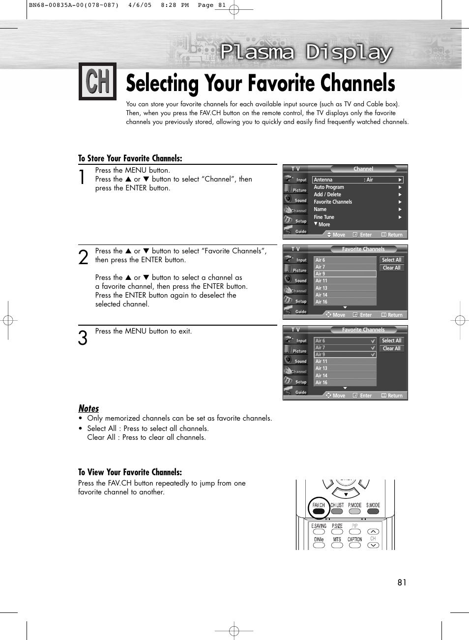 Selecting your favorite channels | Samsung HPR4252X-XAC User Manual | Page 81 / 146