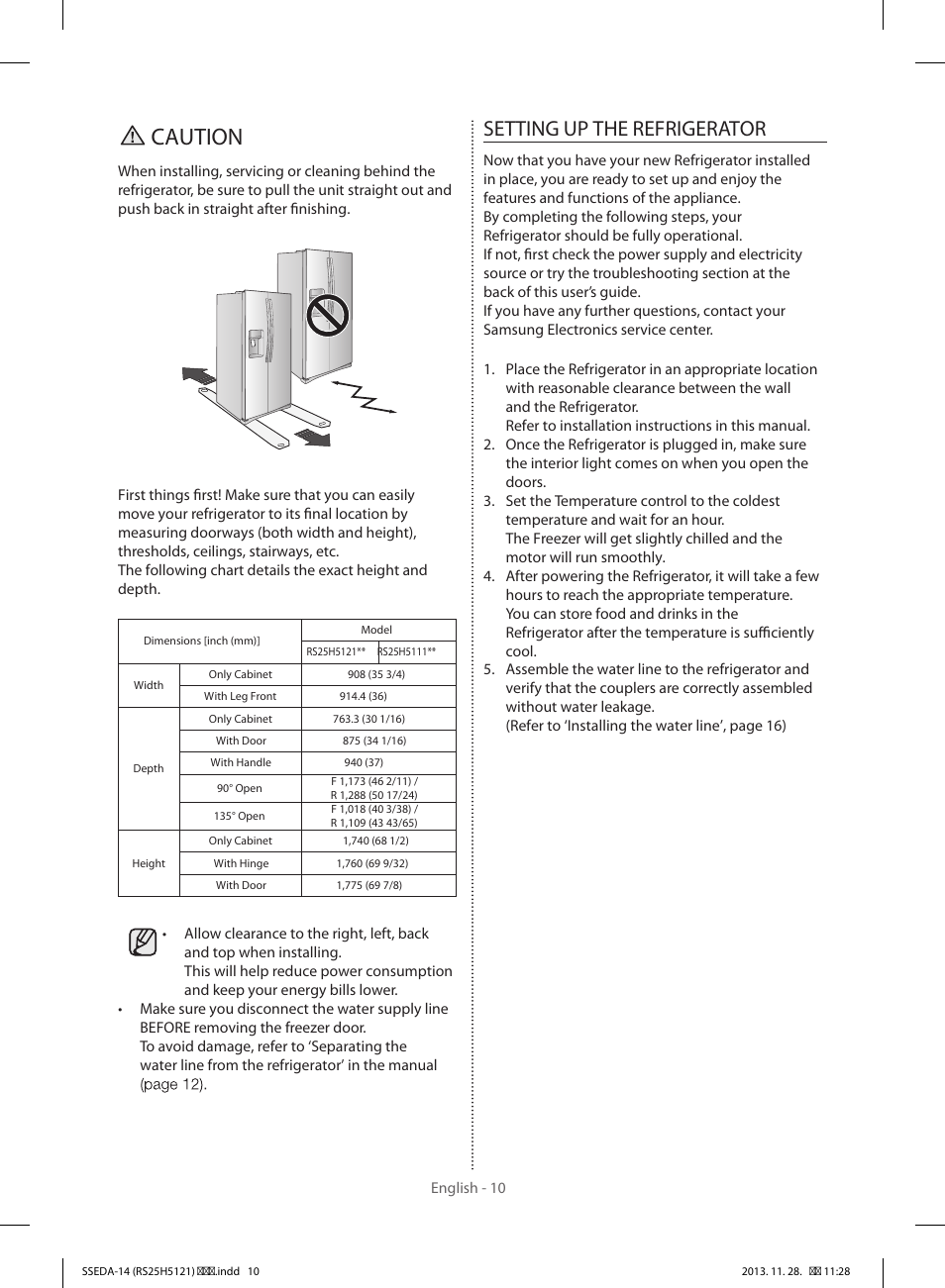 Caution, Setting up the refrigerator | Samsung RS25H5000SR-AA User Manual | Page 10 / 32