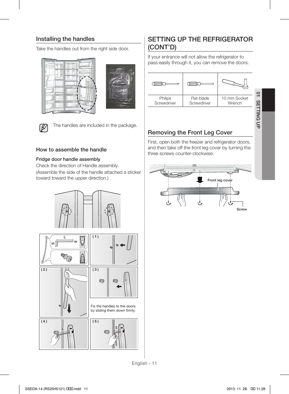 Setting up the refrigerator (cont’d), Installing the handles, Removing the front leg cover | How to assemble the handle | Samsung RS25H5000SR-AA User Manual | Page 11 / 32