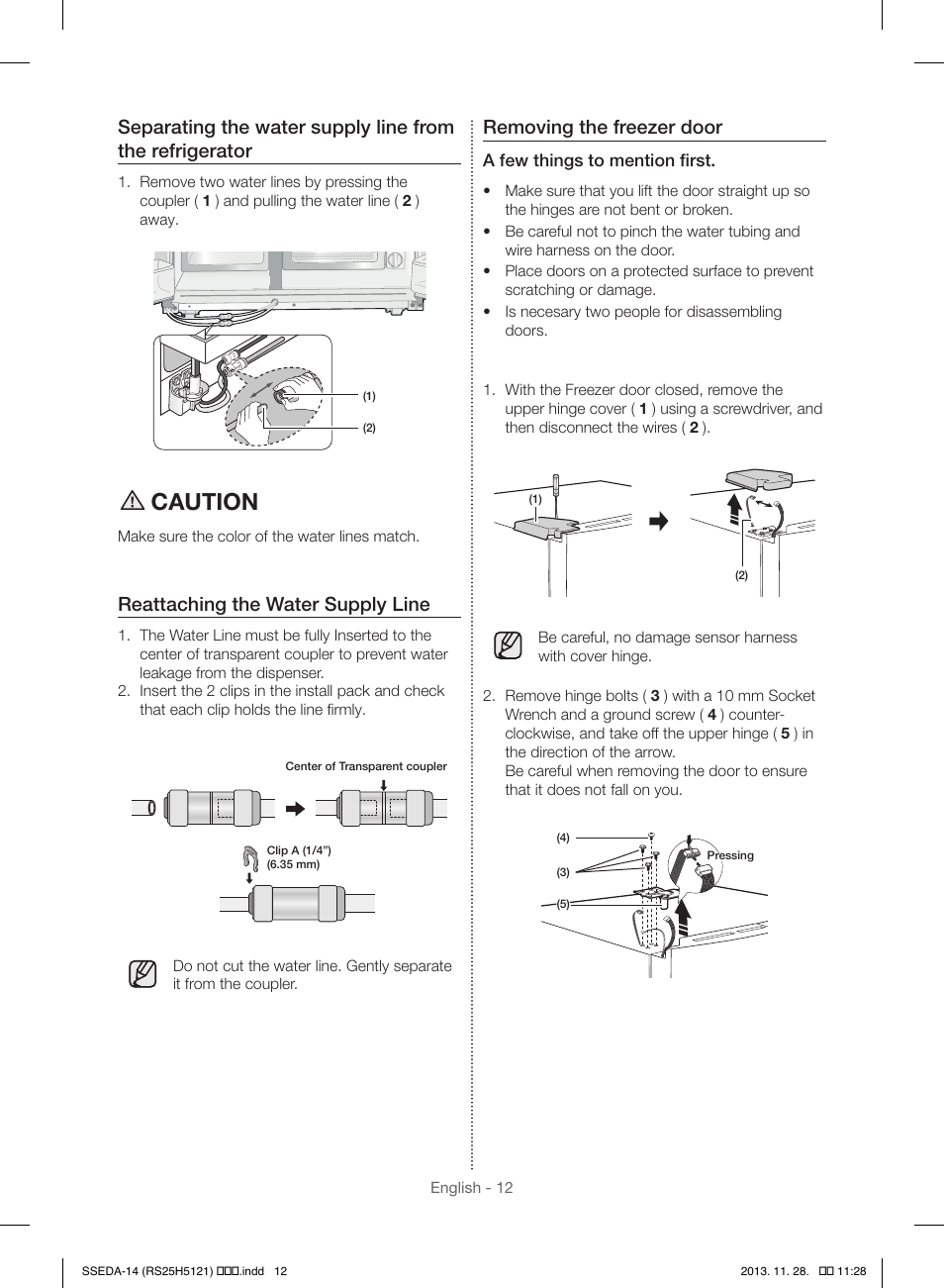 Caution, Reattaching the water supply line, Removing the freezer door | Samsung RS25H5000SR-AA User Manual | Page 12 / 32